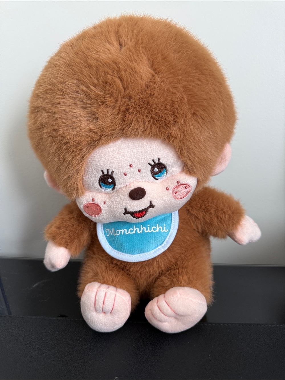 Monchhichi Plush Doll in Brown with Blue Bib